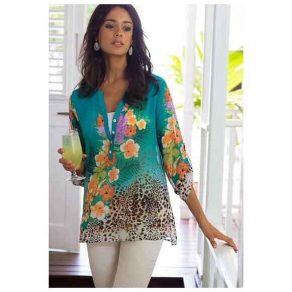 Soft Surroundings Animal Tropical Print Chiffon Blouse XL Semi Sheer‎ Roll Tab - Picture 12 of 12